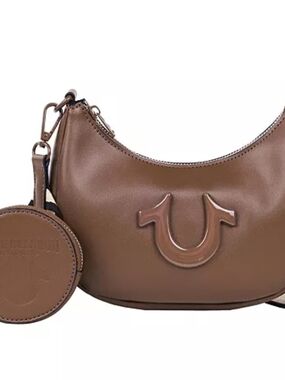 True Religion Cognac Leather Crescent Shoulder Bag with Coin Pouch